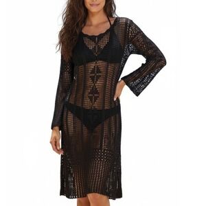 ​🖤 Chic Black Crochet Long Sleeve Swim Cover-Up Dress